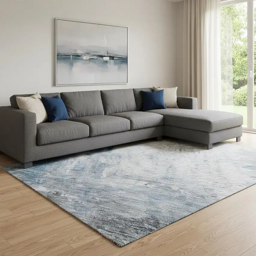 Blue Ivory And Gray Abstract Washable Area Rug With UV Protection Photo 2