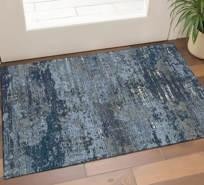 Blue Ivory And Gray Abstract Washable Area Rug With UV Protection Photo 1