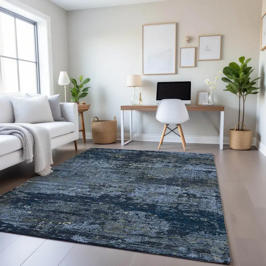 Blue Ivory And Gray Abstract Washable Area Rug With UV Protection Photo 4