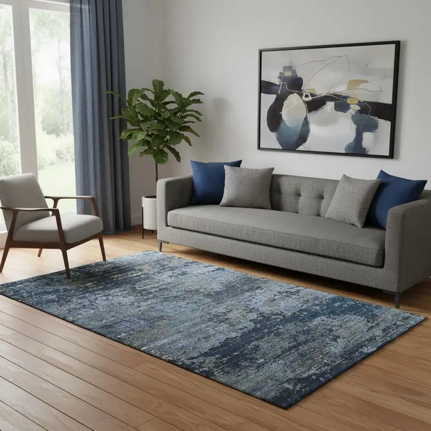 Blue Ivory And Gray Abstract Washable Area Rug With UV Protection Photo 2