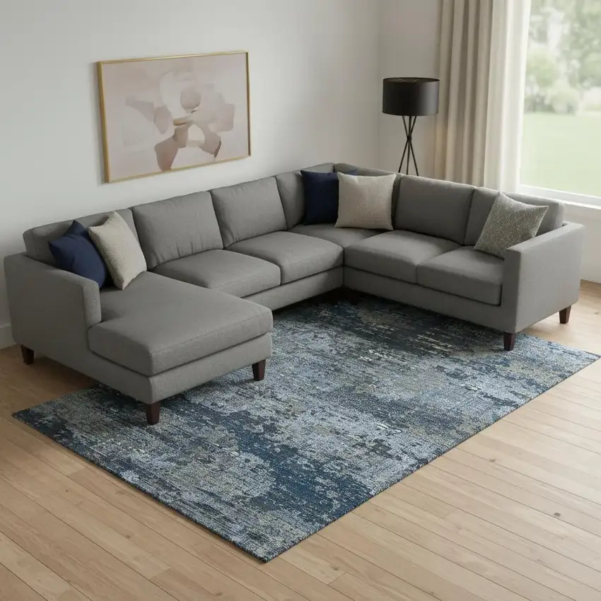Blue Ivory And Gray Abstract Washable Area Rug With UV Protection Photo 2