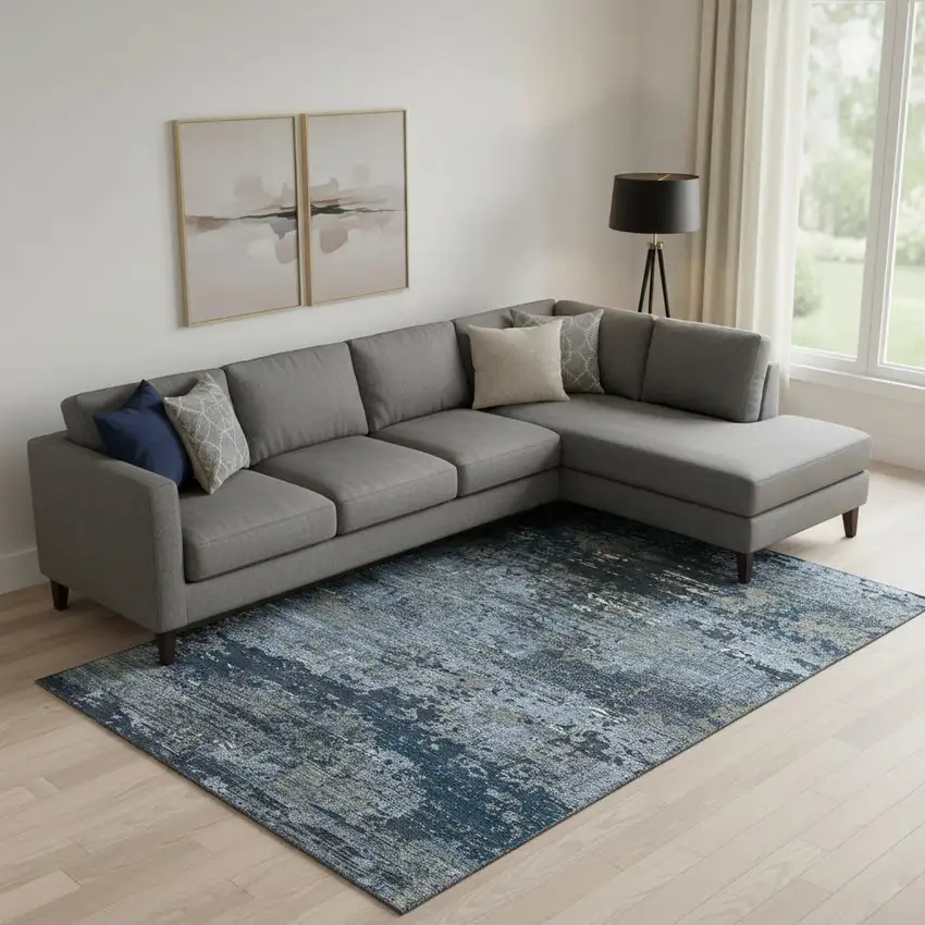 Blue Ivory And Gray Abstract Washable Area Rug With UV Protection Photo 2