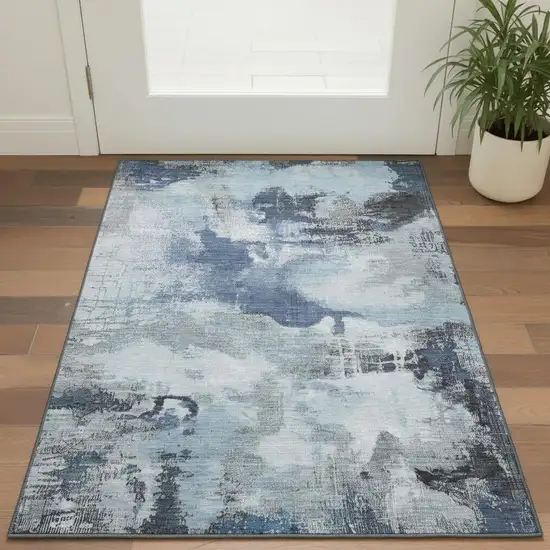 Blue Ivory And Gray Abstract Washable Area Rug With UV Protection Photo 2