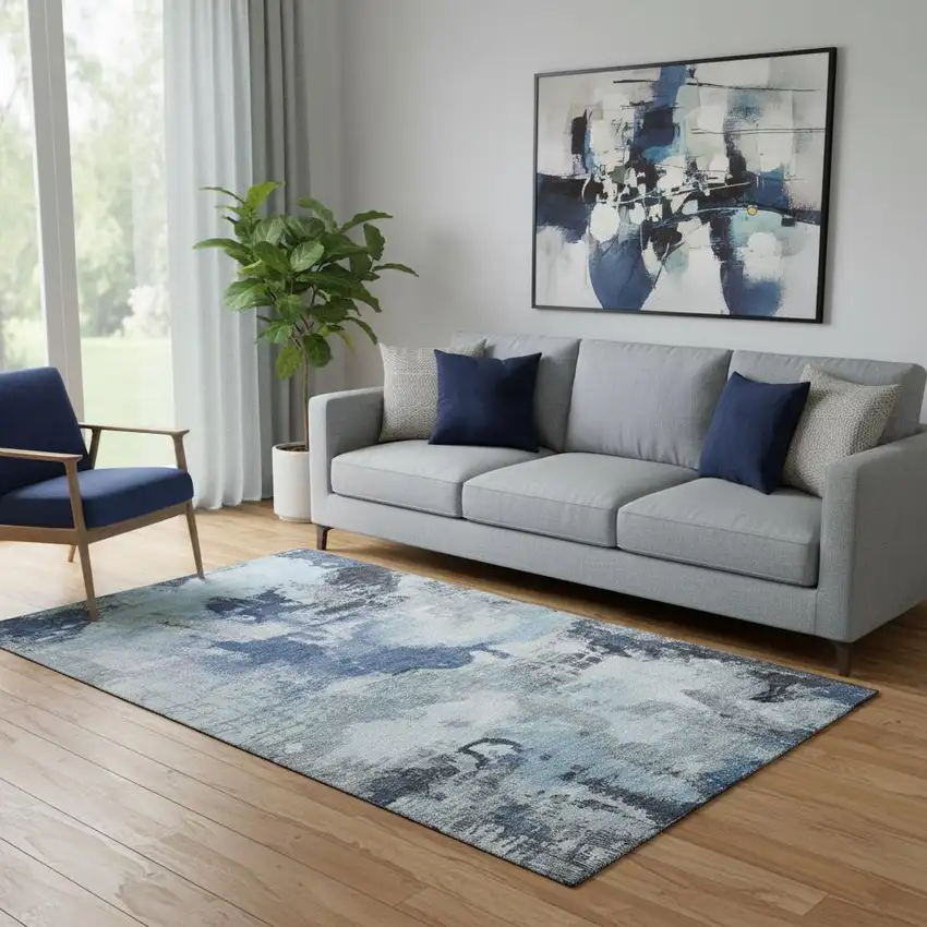 Blue Ivory And Gray Abstract Washable Area Rug With UV Protection Photo 2
