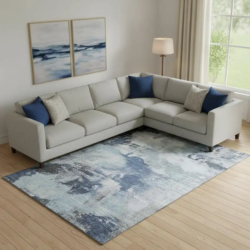 Blue Ivory And Gray Abstract Washable Area Rug With UV Protection Photo 2