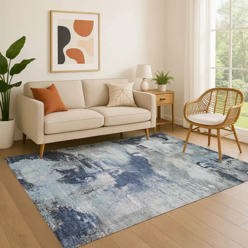 Blue Ivory And Gray Abstract Washable Area Rug With UV Protection Photo 4