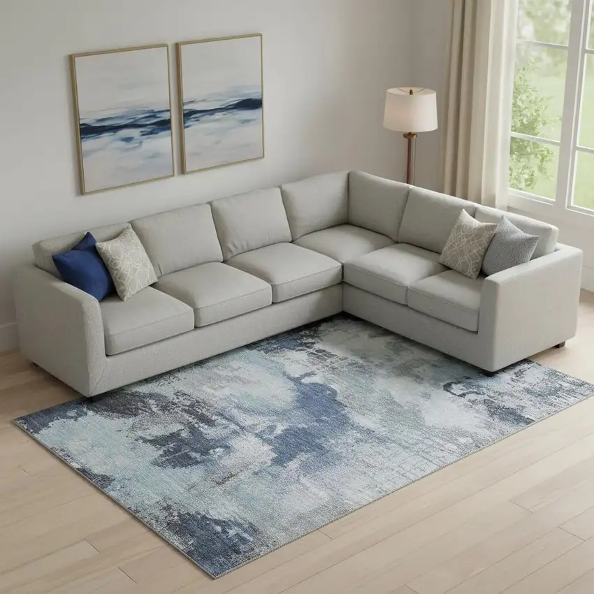 Blue Ivory And Gray Abstract Washable Area Rug With UV Protection Photo 2