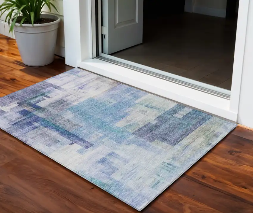 Blue Ivory And Gray Abstract Washable Indoor Outdoor Area Rug Photo 1
