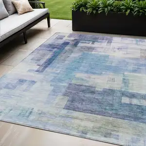 Photo of Blue Ivory And Gray Abstract Washable Indoor Outdoor Area Rug