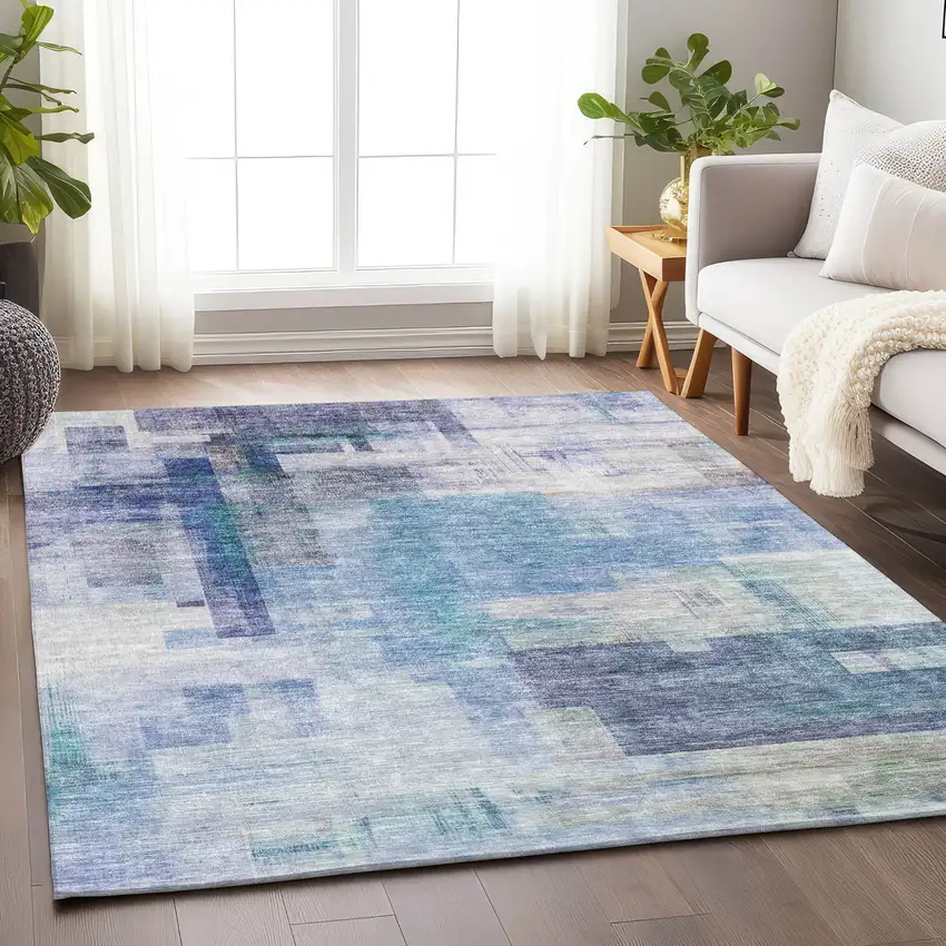 Blue Ivory And Gray Abstract Washable Indoor Outdoor Area Rug Photo 8