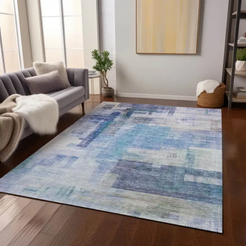 Blue Ivory And Gray Abstract Washable Indoor Outdoor Area Rug Photo 9