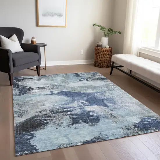 Blue Ivory And Gray Abstract Washable Indoor Outdoor Area Rug Photo 7