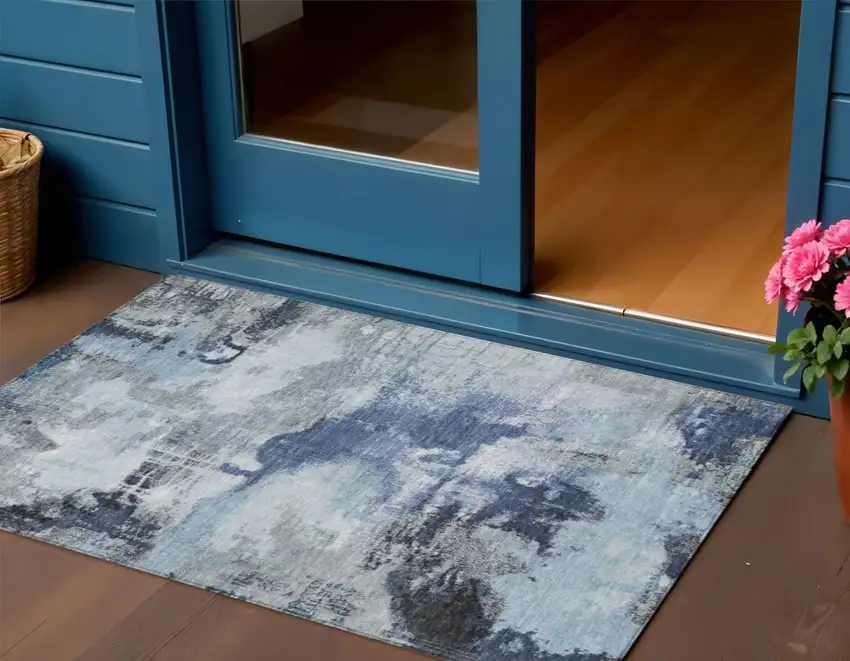 Blue Ivory And Gray Abstract Washable Indoor Outdoor Area Rug Photo 2