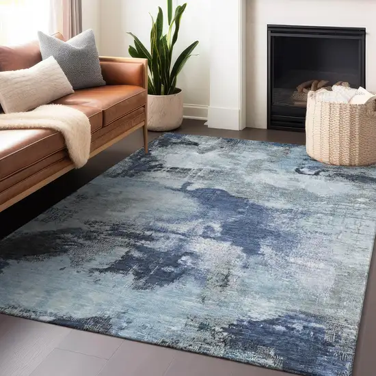 Blue Ivory And Gray Abstract Washable Indoor Outdoor Area Rug Photo 5