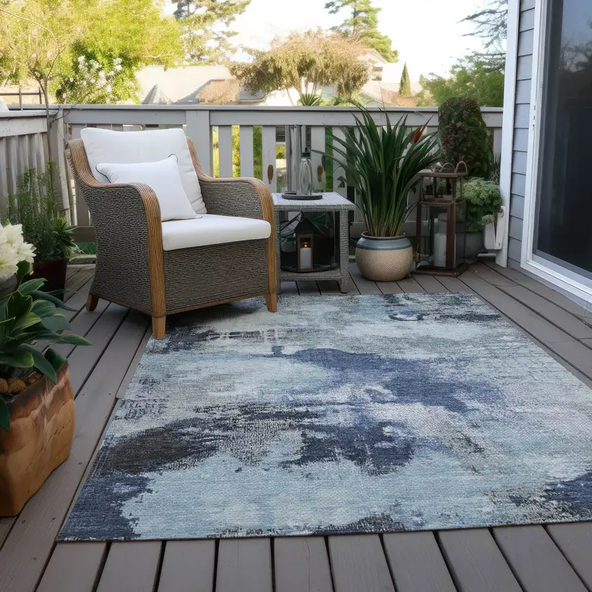 Blue Ivory And Gray Abstract Washable Indoor Outdoor Area Rug Photo 4