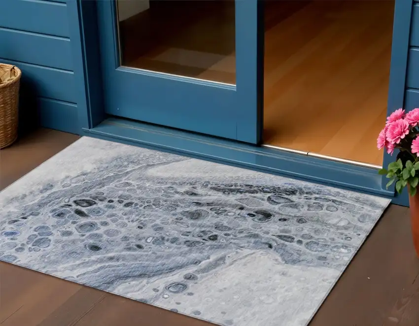 Blue Ivory And Gray Abstract Washable Indoor Outdoor Area Rug Photo 2