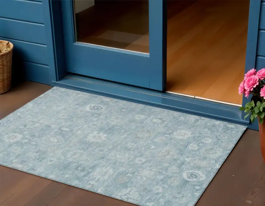 Blue Ivory And Gray Damask Washable Indoor Outdoor Area Rug Photo 2