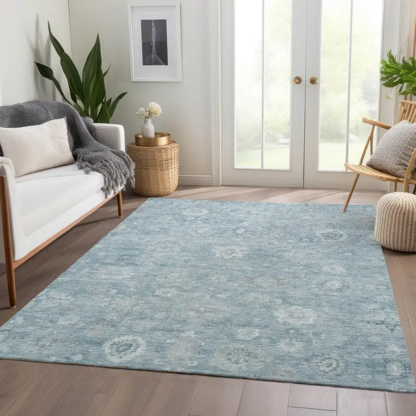 Blue Ivory And Gray Damask Washable Indoor Outdoor Area Rug Photo 6