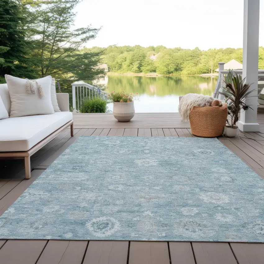 Blue Ivory And Gray Damask Washable Indoor Outdoor Area Rug Photo 5