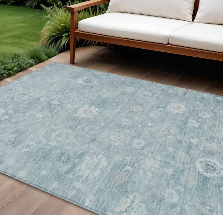 Blue Ivory And Gray Damask Washable Indoor Outdoor Area Rug Photo 2