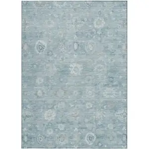 Photo of Blue Ivory And Gray Damask Washable Indoor Outdoor Area Rug