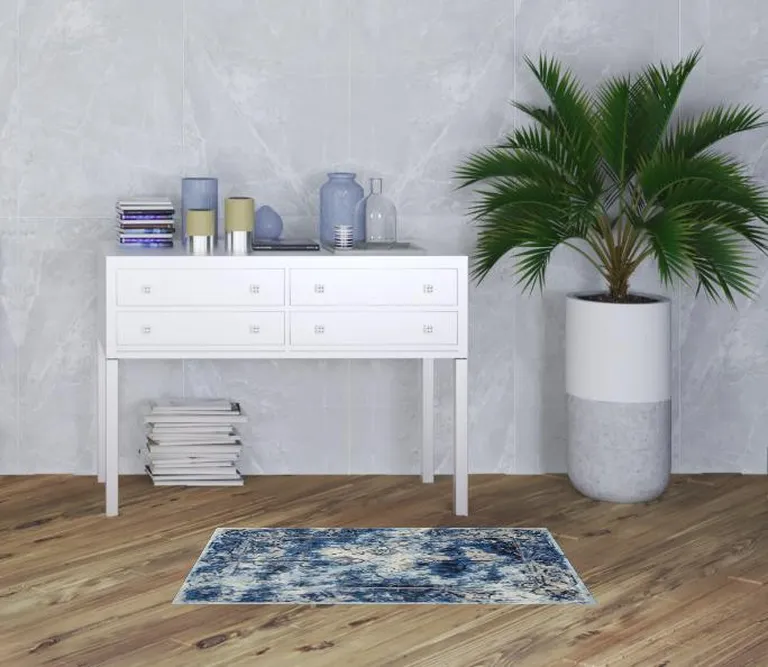 Blue Ivory And Gray Floral Distressed Stain Resistant Area Rug Photo 3