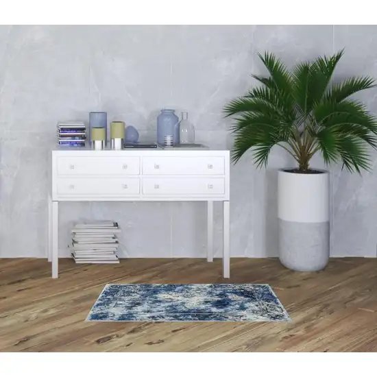 Blue Ivory And Gray Floral Distressed Stain Resistant Area Rug Photo 3