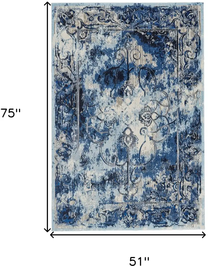 Blue Ivory And Gray Floral Distressed Stain Resistant Area Rug Photo 6