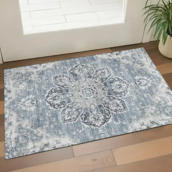 Blue Ivory And Gray Floral Medallion Washable Area Rug With UV Protection Photo 1