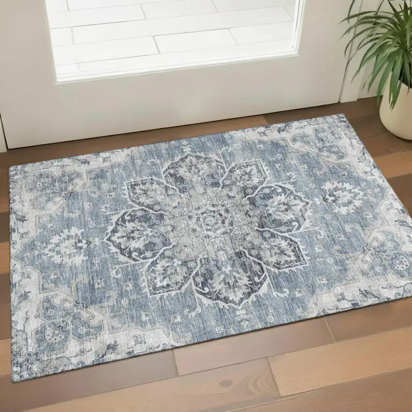 Blue Ivory And Gray Floral Medallion Washable Area Rug With UV Protection Photo 1