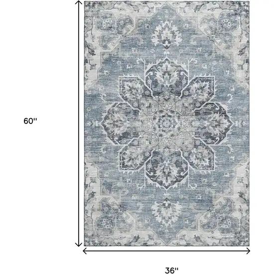 Blue Ivory And Gray Floral Medallion Washable Area Rug With UV Protection Photo 3