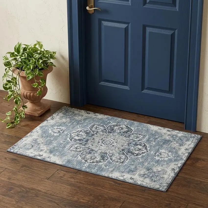 Blue Ivory And Gray Floral Medallion Distressed Washable Area Rug With UV Protection Photo 1
