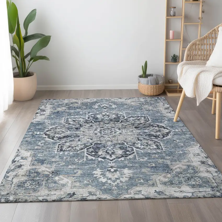 Blue Ivory And Gray Floral Medallion Washable Area Rug With UV Protection Photo 4