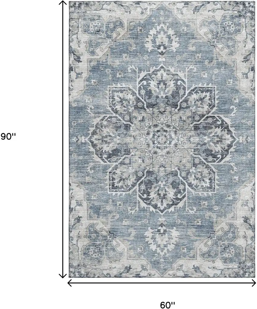 Blue Ivory And Gray Floral Medallion Washable Area Rug With UV Protection Photo 3