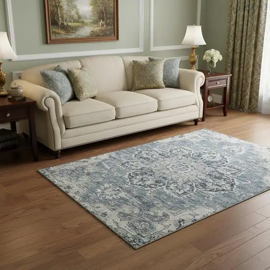 Blue Ivory And Gray Floral Medallion Washable Area Rug With UV Protection Photo 1