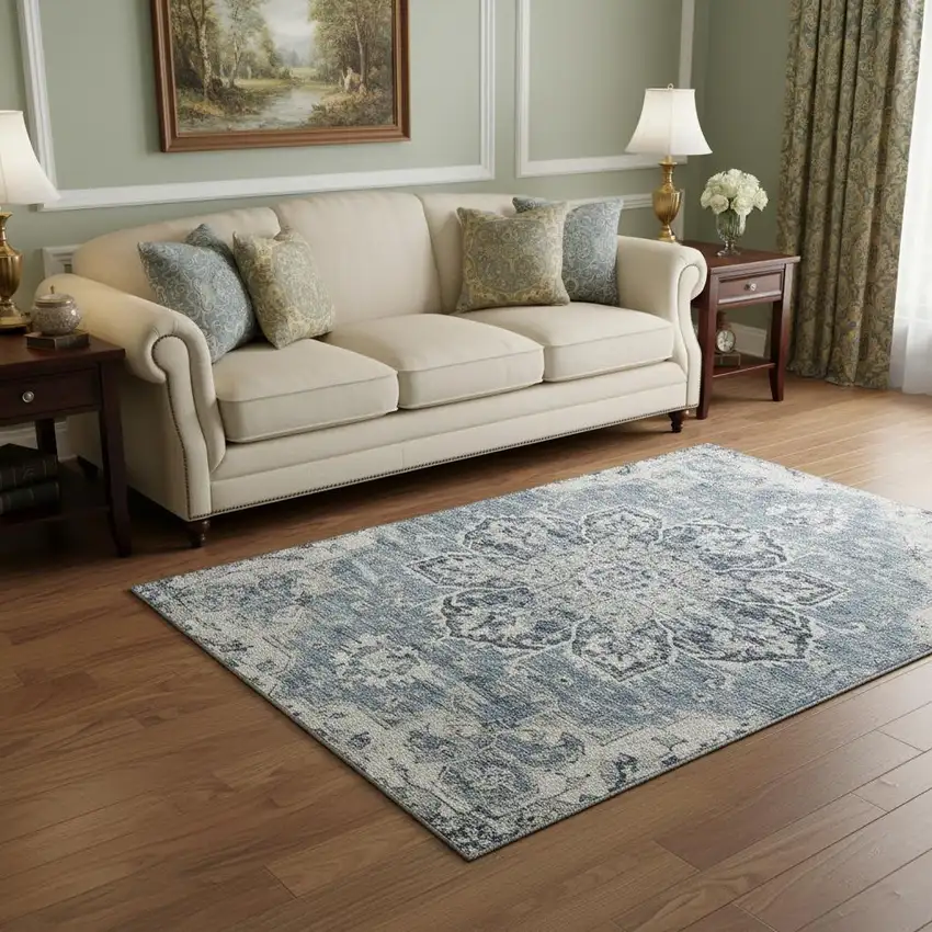 Blue Ivory And Gray Floral Medallion Washable Area Rug With UV Protection Photo 1