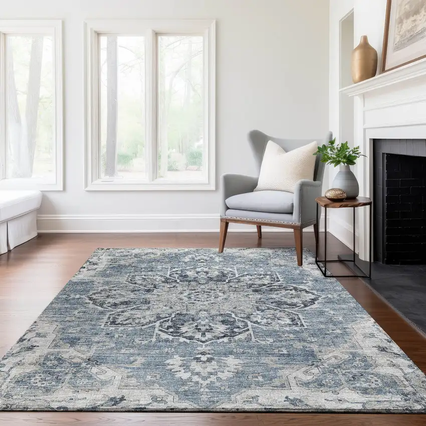 Blue Ivory And Gray Floral Medallion Washable Area Rug With UV Protection Photo 5
