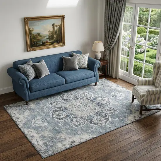 Blue Ivory And Gray Floral Medallion Distressed Washable Area Rug With UV Protection Photo 1