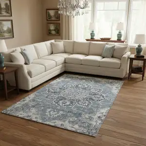Photo of Blue Ivory And Gray Floral Medallion Washable Area Rug With UV Protection