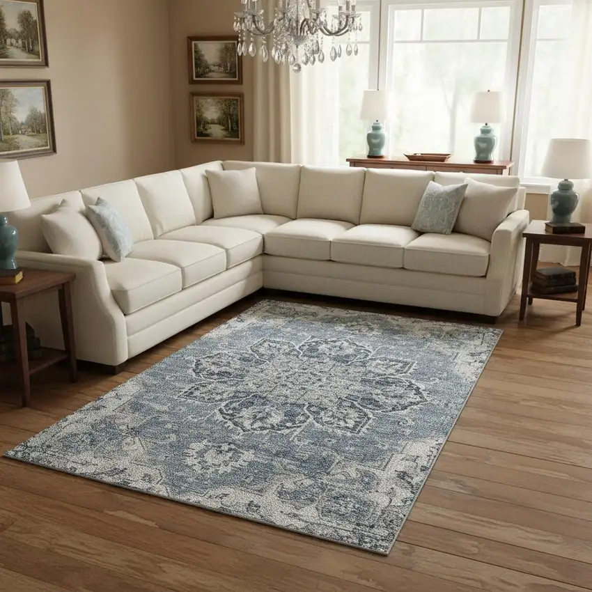 Blue Ivory And Gray Floral Medallion Washable Area Rug With UV Protection Photo 1