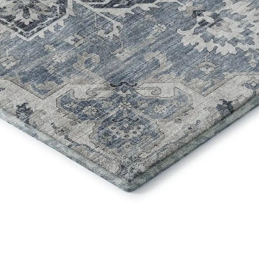 Blue Ivory And Gray Floral Medallion Washable Area Rug With UV Protection Photo 7