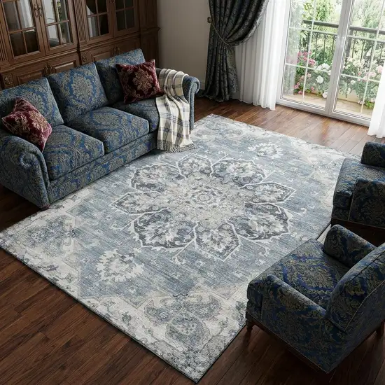 Blue Ivory And Gray Floral Medallion Distressed Washable Area Rug With UV Protection Photo 1