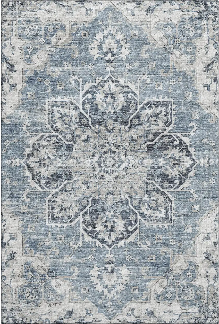 Blue Ivory And Gray Floral Medallion Washable Area Rug With UV Protection Photo 2