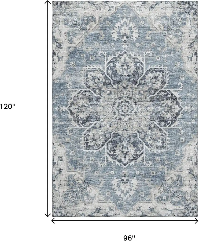 Blue Ivory And Gray Floral Medallion Washable Area Rug With UV Protection Photo 3