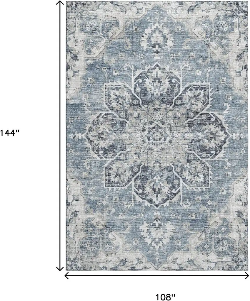 Blue Ivory And Gray Floral Medallion Washable Area Rug With UV Protection Photo 3
