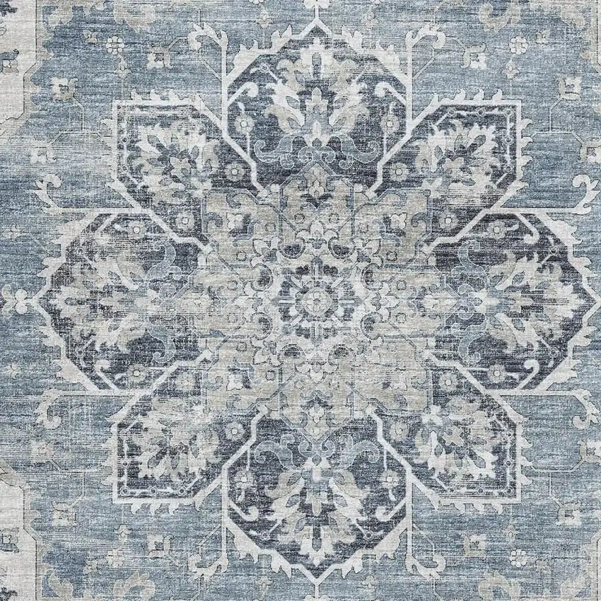 Blue Ivory And Gray Floral Medallion Washable Area Rug With UV Protection Photo 5