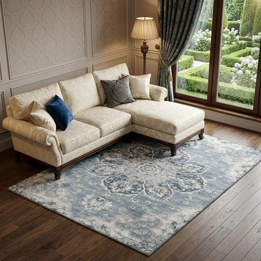 Blue Ivory And Gray Floral Medallion Distressed Washable Area Rug With UV Protection Photo 1