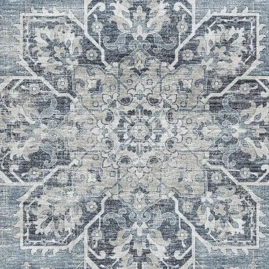 Blue Ivory And Gray Floral Medallion Washable Area Rug With UV Protection Photo 4