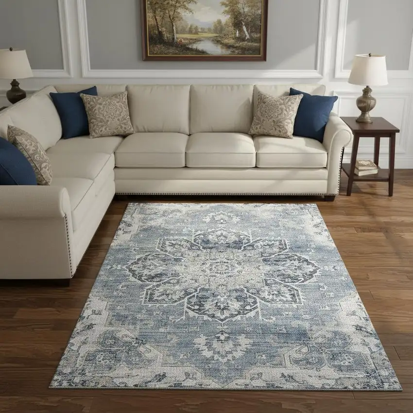 Blue Ivory And Gray Floral Medallion Washable Area Rug With UV Protection Photo 1