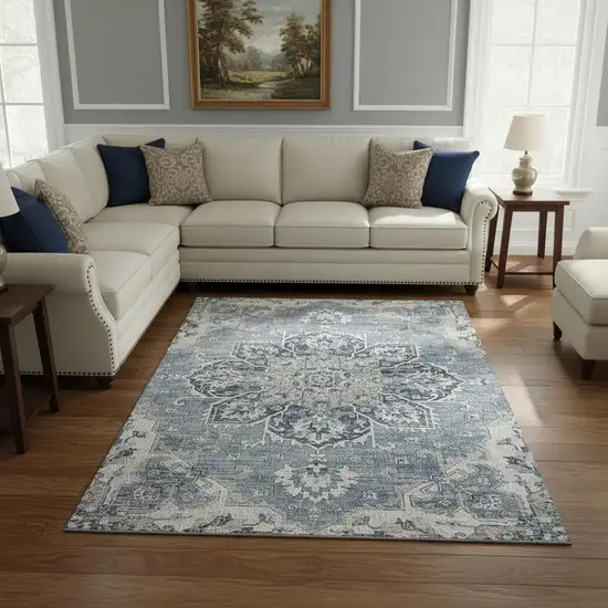 Blue Ivory And Gray Floral Medallion Washable Area Rug With UV Protection Photo 1